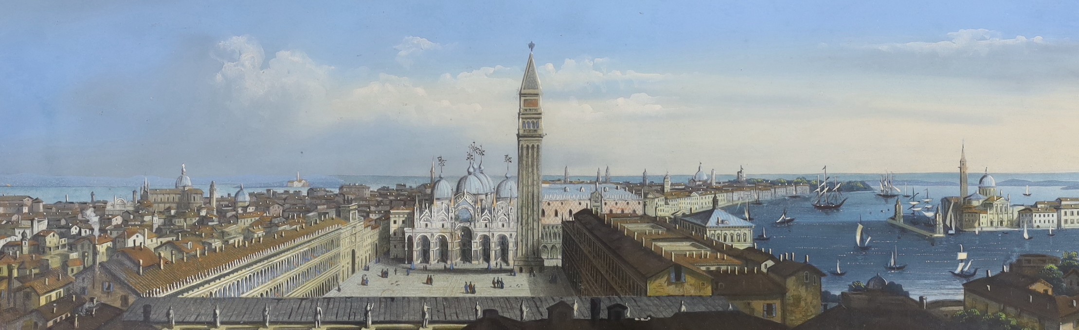 Italian School, gouache on paper, Panoramic view of Venice, 18 x 56cm